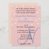 Invitation Rose et Bleu Monogramme Mariage Points Polka (Devant / Derrière)