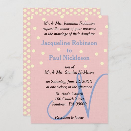 Invitation Rose et Bleu Monogramme Mariage Points Polka (Devant / Derrière)