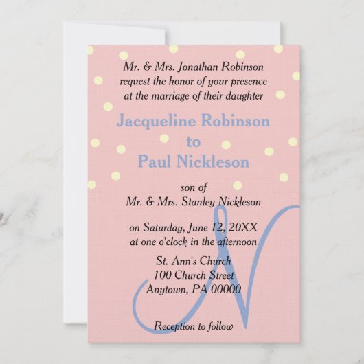 Invitation Rose et Bleu Monogramme Mariage Points Polka (Devant)