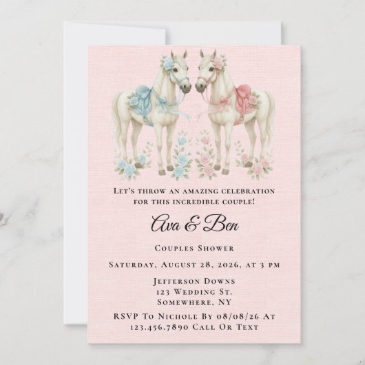 Invitation Rose et bleu Pastel Fleurs Cheval Couples Douche (Devant)