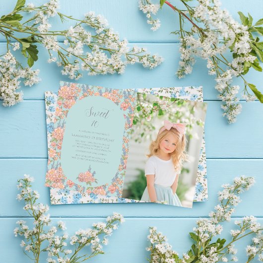 Invitation Rose et bleu shabby chic florales Anniversaire