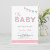 Invitation Rose et bleu | Typographie moderne Baby shower fil (Debout devant)