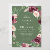 Invitation Rose et Bourgogne Floral 7 Mariage - Vert (Devant)