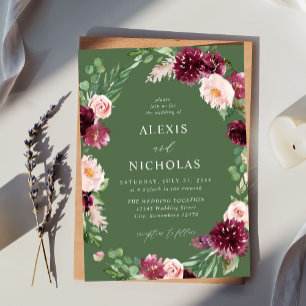 Invitation Rose et Bourgogne Floral 7 Mariage - Vert