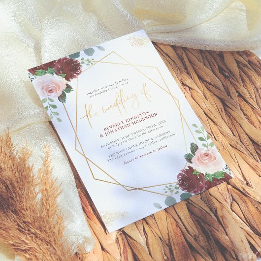 Invitation Rose et Bourgogne Floral Gold Mariage