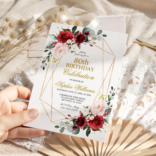 Invitation Rose et Bourgogne Rose 80 Anniversaire