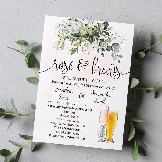 Invitation Rose et brasse Couples Douche Eucalyptus Verdure