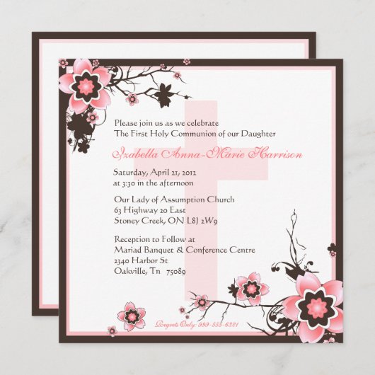 Invitation rose et Brown de communion de fleurs de (Devant / Derrière)