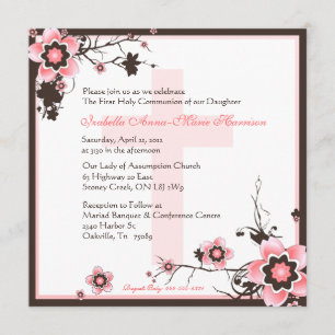 Invitation rose et Brown de communion de fleurs de