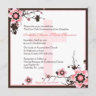 Invitation rose et Brown de communion de fleurs de