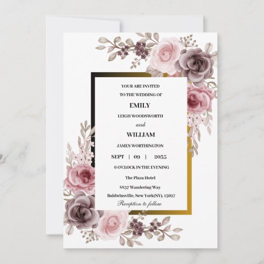 Invitation Rose et Brown Elegant Rose Floral Mariage (Devant)
