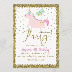 Invitation Rose et fête d'anniversaire de filles de licorne