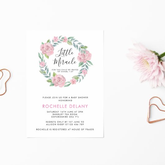 Invitation Rose et Feuille Wreath Little Miracle Baby shower