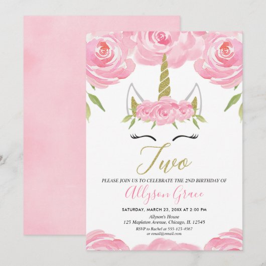 Invitation rose et fille d'anniversaire de licorne d'or 2ème (Devant / Derrière)