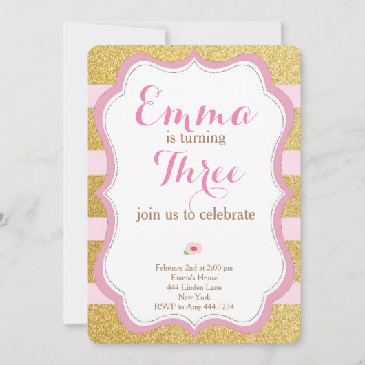 Invitation Rose et Gold First Birthday (Devant)
