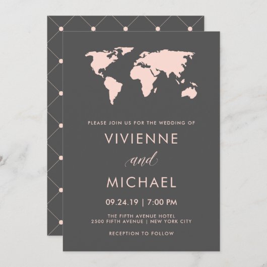 Invitation Rose et gris fumé | World Map Mariage (Devant / Derrière)