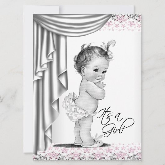Invitation Rose et gris Vintage bébé fille douche (Devant)
