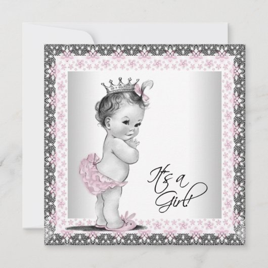 Invitation Rose et gris Vintage bébé fille douche (Devant)