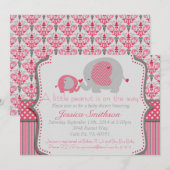 Invitation rose et grise de baby shower d'éléphant (Devant / Derrière)