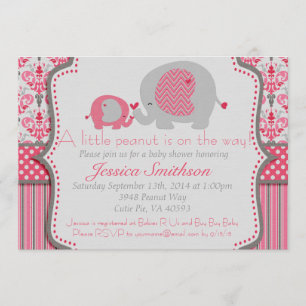 Invitation rose et grise de baby shower d'éléphant