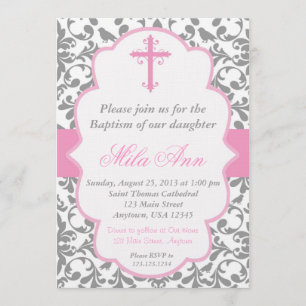 Invitation rose et grise de baptême de damassé de
