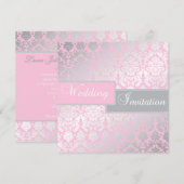 Invitation rose et grise de mariage damassé (Devant / Derrière)
