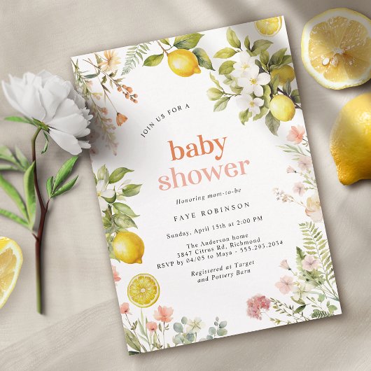 Invitation rose et jaune | Baby shower Floral Citrus de citro