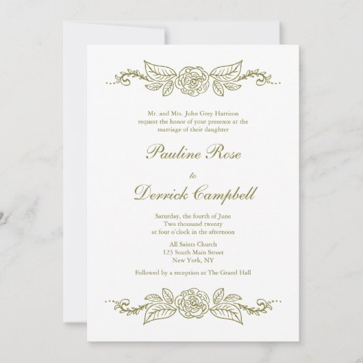 Invitation Rose et Mariage vert Fleurons (Devant)