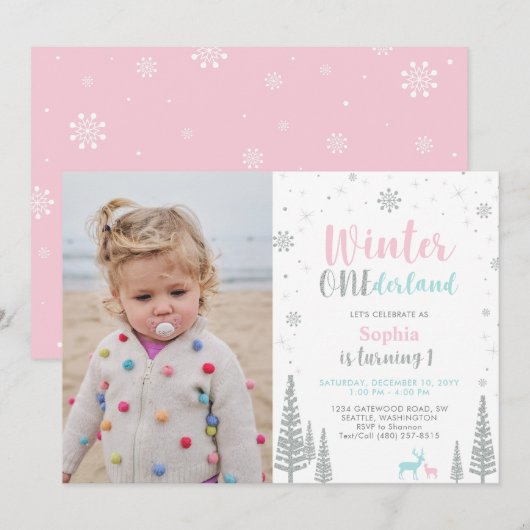 Invitation Rose et Menthe | Winter Onederland Fille 1er Anniv (Devant / Derrière)