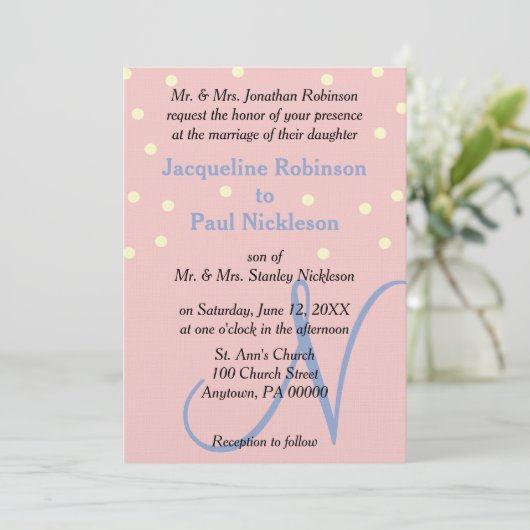 Invitation Rose et Monogramme Bleu Mariage Points de Polka (Debout devant)