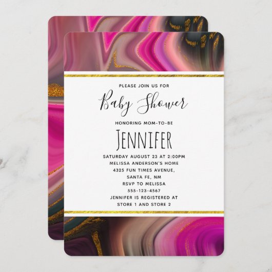 Invitation Rose et Noir avec Baby shower à perles d'or (Devant / Derrière)