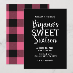 Invitation Rose et noir buffalo carreaux fête d'anniversaire