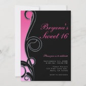 Invitation Rose et noir Chic Glamour Tourbillon fête douce 16 (Devant)