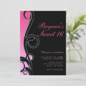 Invitation Rose et noir Chic Glamour Tourbillon fête douce 16 (Debout devant)