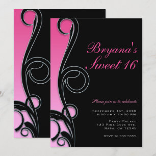 Invitation Rose et noir chic glamour tourbillon fête Sweet 16