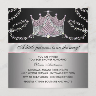 Invitation Rose et noir, Couronne, Bébé Fille, Princesse, Bab
