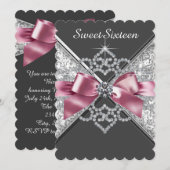 Invitation Rose et noir Sweet 16 Anniversaire Pary (Devant / Derrière)