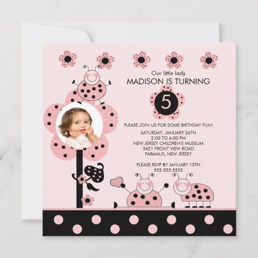 Invitation rose et noire de photo de coccinelles (Devant)