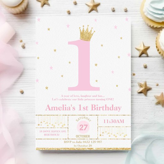 Invitation Rose et or 1er anniversaire fille princesse