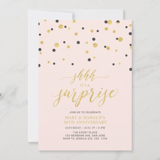 Invitation Rose et Or | 50e anniversaire de mariage surprise (Devant)