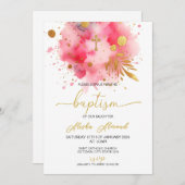 Invitation Rose et or Aquarelle Baptême (Devant / Derrière)