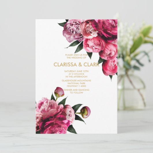 Invitation Rose et or avec Mariage de pivoines romantiques (Debout devant)