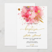 Invitation Rose et or Baptême à l'aquarelle (Devant / Derrière)