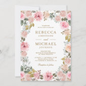 Invitation Rose et Or Code QR Fleurs Mariage (Devant)