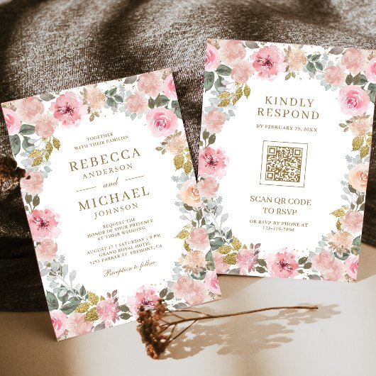 Invitation Rose et Or Code QR Fleurs Mariage