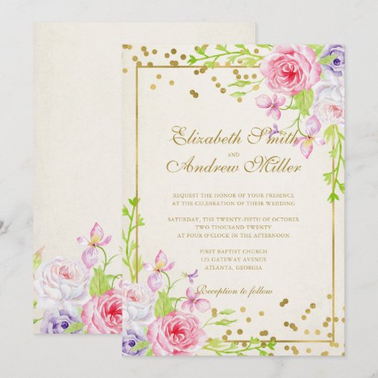 Invitation Rose et or Confetti Mariage Floral (Devant / Derrière)