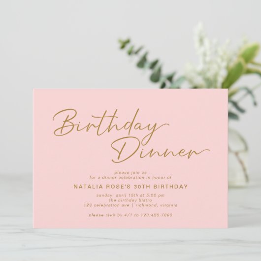 Invitation Rose et or | Dîner d'anniversaire simple et élégan (Debout devant)