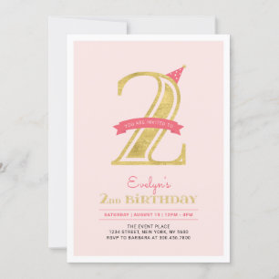 Invitation Rose et Or   Fête d'anniversaire 2 ans pour fille