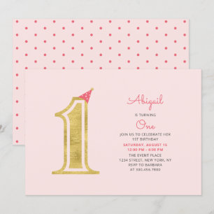 Invitation Rose et Or   Fête de 1er anniversaire pour une fil