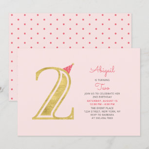 Invitation Rose et Or   Fête de 2e anniversaire d'une jolie f